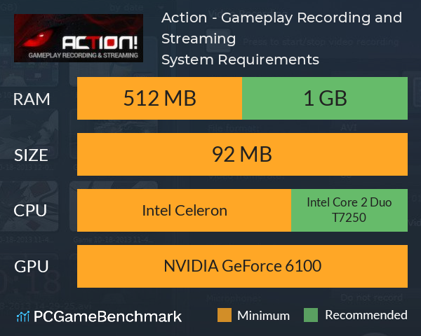Action! - Gameplay Recording and Streaming System Requirements PC Graph - Can I Run Action! - Gameplay Recording and Streaming Action! - Gameplay Recording and Streaming System Requirements PC Graph - Can I Run Action! - Gameplay Recording and Streaming