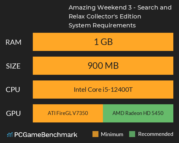Amazing Weekend 3 - Search and Relax Collector's Edition System Requirements PC Graph - Can I Run Amazing Weekend 3 - Search and Relax Collector's Edition Amazing Weekend 3 - Search and Relax Collector's Edition System Requirements PC Graph - Can I Run Amazing Weekend 3 - Search and Relax Collector's Edition