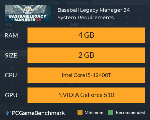 Baseball Legacy Manager 24 System Requirements PC Graph - Can I Run Baseball Legacy Manager 24 Baseball Legacy Manager 24 System Requirements PC Graph - Can I Run Baseball Legacy Manager 24