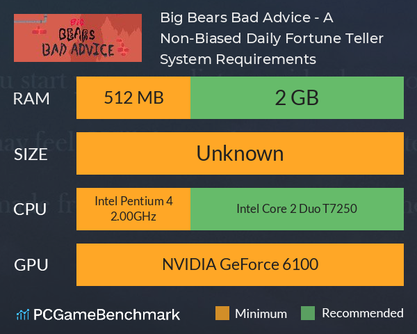 Big Bears Bad Advice - A Non-Biased Daily Fortune Teller System Requirements PC Graph - Can I Run Big Bears Bad Advice - A Non-Biased Daily Fortune Teller Big Bears Bad Advice - A Non-Biased Daily Fortune Teller System Requirements PC Graph - Can I Run Big Bears Bad Advice - A Non-Biased Daily Fortune Teller
