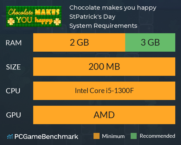 Chocolate makes you happy: St.Patrick's Day System Requirements PC Graph - Can I Run Chocolate makes you happy: St.Patrick's Day Chocolate makes you happy: St.Patrick's Day System Requirements PC Graph - Can I Run Chocolate makes you happy: St.Patrick's Day