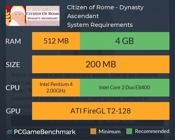 Citizen of Rome - Dynasty Ascendant System Requirements PC Graph - Can I Run Citizen of Rome - Dynasty Ascendant Citizen of Rome - Dynasty Ascendant System Requirements PC Graph - Can I Run Citizen of Rome - Dynasty Ascendant