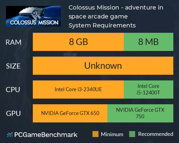 Colossus Mission - adventure in space, arcade game System Requirements PC Graph - Can I Run Colossus Mission - adventure in space, arcade game Colossus Mission - adventure in space, arcade game System Requirements PC Graph - Can I Run Colossus Mission - adventure in space, arcade game