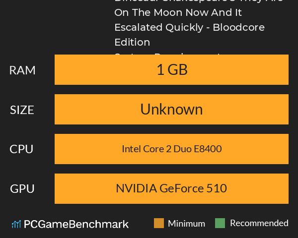 Dinosaur Shakespeare 3: They Are On The Moon Now And It Escalated Quickly - Bloodcore Edition System Requirements PC Graph - Can I Run Dinosaur Shakespeare 3: They Are On The Moon Now And It Escalated Quickly - Bloodcore Edition Dinosaur Shakespeare 3: They Are On The Moon Now And It Escalated Quickly - Bloodcore Edition System Requirements PC Graph - Can I Run Dinosaur Shakespeare 3: They Are On The Moon Now And It Escalated Quickly - Bloodcore Edition