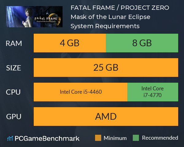 FATAL FRAME / PROJECT ZERO: Mask of the Lunar Eclipse System Requirements PC Graph - Can I Run FATAL FRAME / PROJECT ZERO: Mask of the Lunar Eclipse FATAL FRAME / PROJECT ZERO: Mask of the Lunar Eclipse System Requirements PC Graph - Can I Run FATAL FRAME / PROJECT ZERO: Mask of the Lunar Eclipse