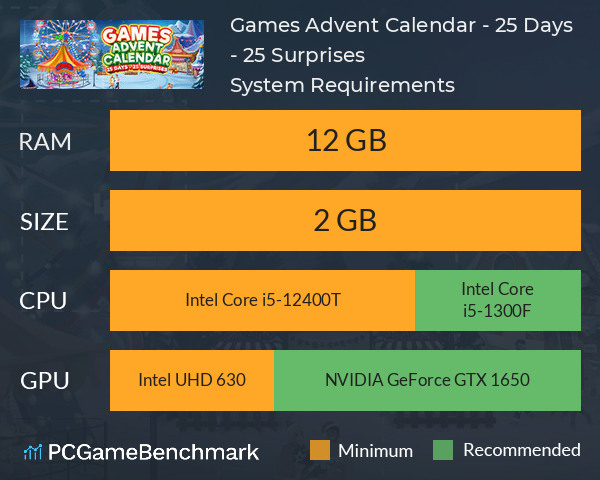 Games Advent Calendar - 25 Days - 25 Surprises System Requirements PC Graph - Can I Run Games Advent Calendar - 25 Days - 25 Surprises Games Advent Calendar - 25 Days - 25 Surprises System Requirements PC Graph - Can I Run Games Advent Calendar - 25 Days - 25 Surprises
