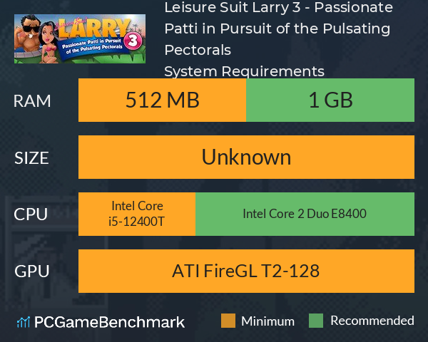 Leisure Suit Larry 3 - Passionate Patti in Pursuit of the Pulsating Pectorals System Requirements PC Graph - Can I Run Leisure Suit Larry 3 - Passionate Patti in Pursuit of the Pulsating Pectorals Leisure Suit Larry 3 - Passionate Patti in Pursuit of the Pulsating Pectorals System Requirements PC Graph - Can I Run Leisure Suit Larry 3 - Passionate Patti in Pursuit of the Pulsating Pectorals
