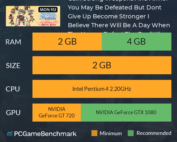 Mon-Yu: Defeat Monsters And Gain Strong Weapons And Armor. You May Be Defeated, But Don’t Give Up. Become Stronger. I Believe There Will Be A Day When The Heroes Defeat The Devil King. System Requirements PC Graph - Can I Run Mon-Yu: Defeat Monsters And Gain Strong Weapons And Armor. You May Be Defeated, But Don’t Give Up. Become Stronger. I Believe There Will Be A Day When The Heroes Defeat The Devil King.