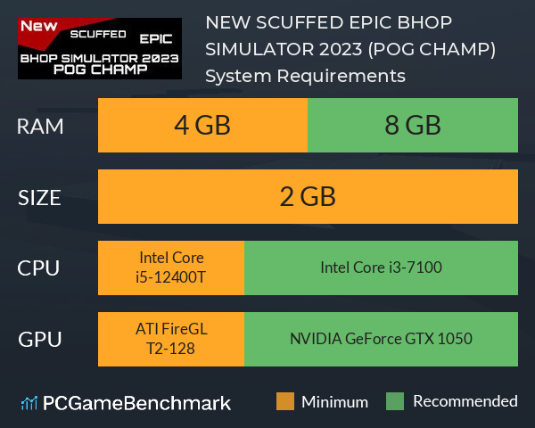 *NEW* SCUFFED EPIC BHOP SIMULATOR 2023 (POG CHAMP) System Requirements PC Graph - Can I Run *NEW* SCUFFED EPIC BHOP SIMULATOR 2023 (POG CHAMP)