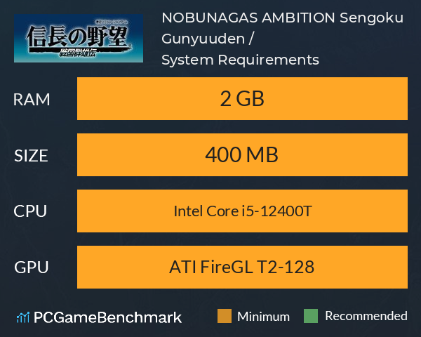 NOBUNAGA’S AMBITION: Sengoku Gunyuuden / 信長の野望・戦国群雄伝 System Requirements PC Graph - Can I Run NOBUNAGA’S AMBITION: Sengoku Gunyuuden / 信長の野望・戦国群雄伝