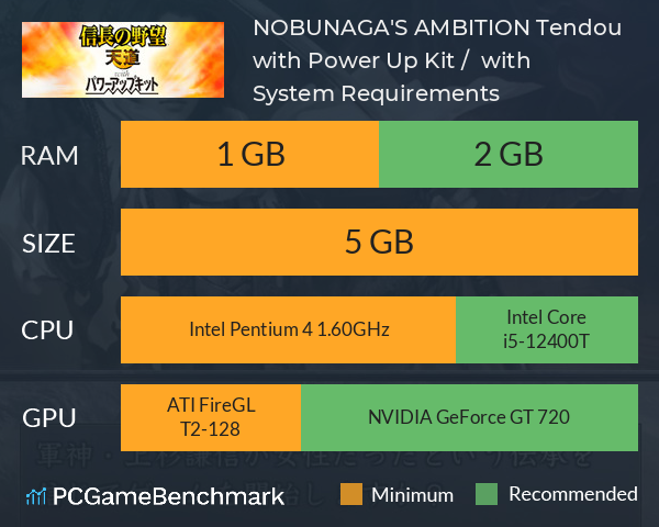 NOBUNAGA'S AMBITION: Tendou with Power Up Kit / 信長の野望・天道 with パワーアップキット System Requirements PC Graph - Can I Run NOBUNAGA'S AMBITION: Tendou with Power Up Kit / 信長の野望・天道 with パワーアップキット