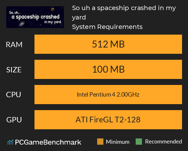So, uh... a spaceship crashed in my yard. System Requirements PC Graph - Can I Run So, uh... a spaceship crashed in my yard. So, uh... a spaceship crashed in my yard. System Requirements PC Graph - Can I Run So, uh... a spaceship crashed in my yard.