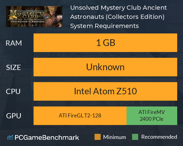 Unsolved Mystery Club: Ancient Astronauts (Collector´s Edition) System Requirements PC Graph - Can I Run Unsolved Mystery Club: Ancient Astronauts (Collector´s Edition) Unsolved Mystery Club: Ancient Astronauts (Collector´s Edition) System Requirements PC Graph - Can I Run Unsolved Mystery Club: Ancient Astronauts (Collector´s Edition)