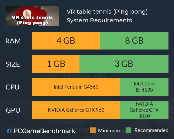 VR table tennis (Ping pong) System Requirements PC Graph - Can I Run VR table tennis (Ping pong) VR table tennis (Ping pong) System Requirements PC Graph - Can I Run VR table tennis (Ping pong)