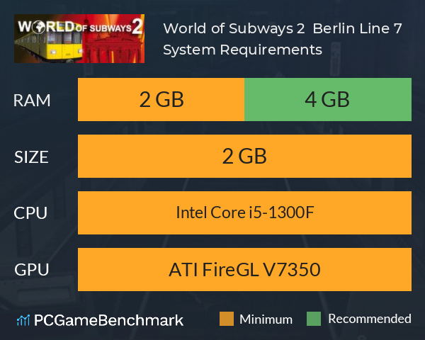 World of Subways 2 – Berlin Line 7 System Requirements PC Graph - Can I Run World of Subways 2 – Berlin Line 7 World of Subways 2 – Berlin Line 7 System Requirements PC Graph - Can I Run World of Subways 2 – Berlin Line 7